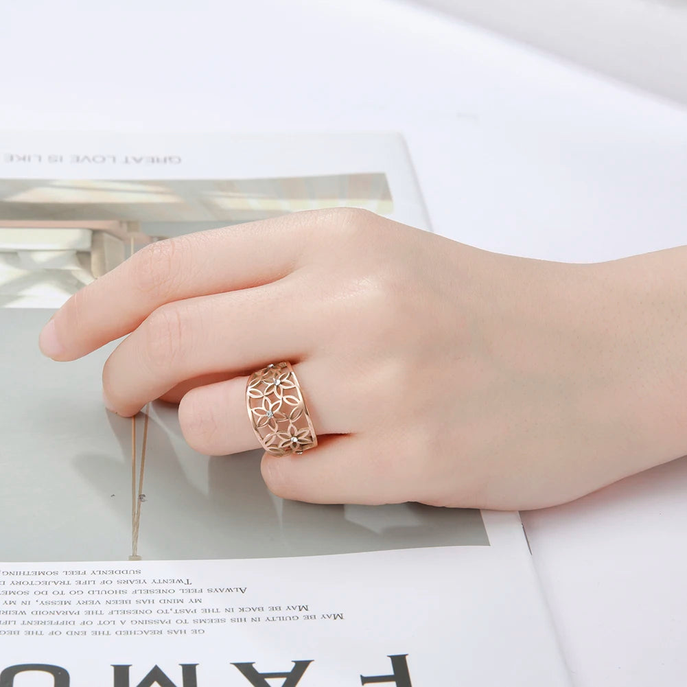 Teamer Elegant Filigree Flower of Life Zircon Finger Ring Women Gold Color Stainless Steel Engagement Ring Jewelry Wedding Gifts
