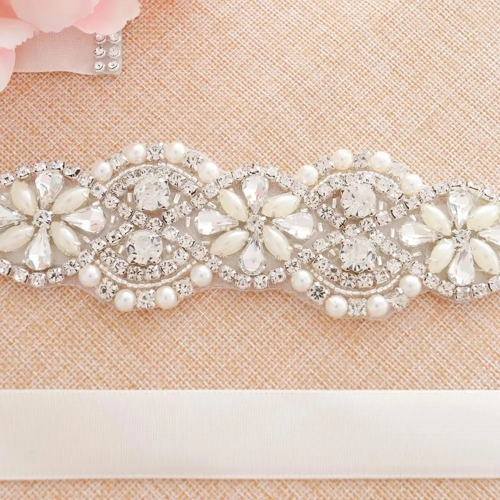 NZUK Handmade Simple Silver Rhinestones Bridal Belt Sash Pearls Wedding Belt Crystal Bridal Sash For Wedding Dresses