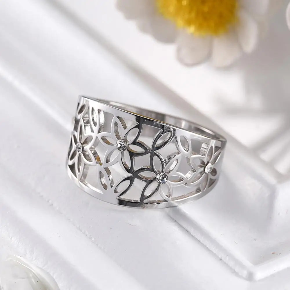 Teamer Elegant Filigree Flower of Life Zircon Finger Ring Women Gold Color Stainless Steel Engagement Ring Jewelry Wedding Gifts