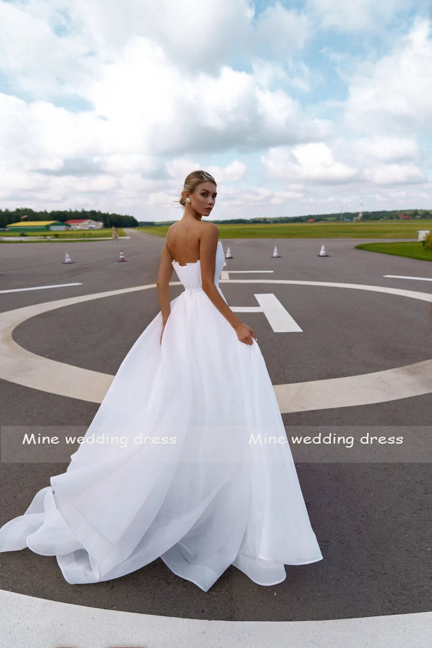 New Design Boat Neck Detachable Puff Sleeve Pleats A-Line Wedding Dresses Bridal Gowns Vestido De Noiva Custom Made