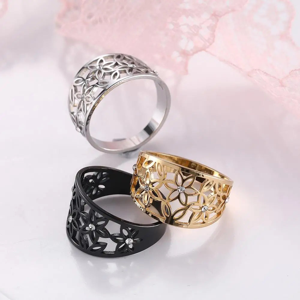 Teamer Elegant Filigree Flower of Life Zircon Finger Ring Women Gold Color Stainless Steel Engagement Ring Jewelry Wedding Gifts