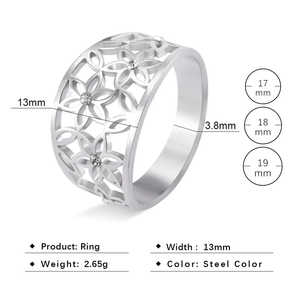 Teamer Elegant Filigree Flower of Life Zircon Finger Ring Women Gold Color Stainless Steel Engagement Ring Jewelry Wedding Gifts