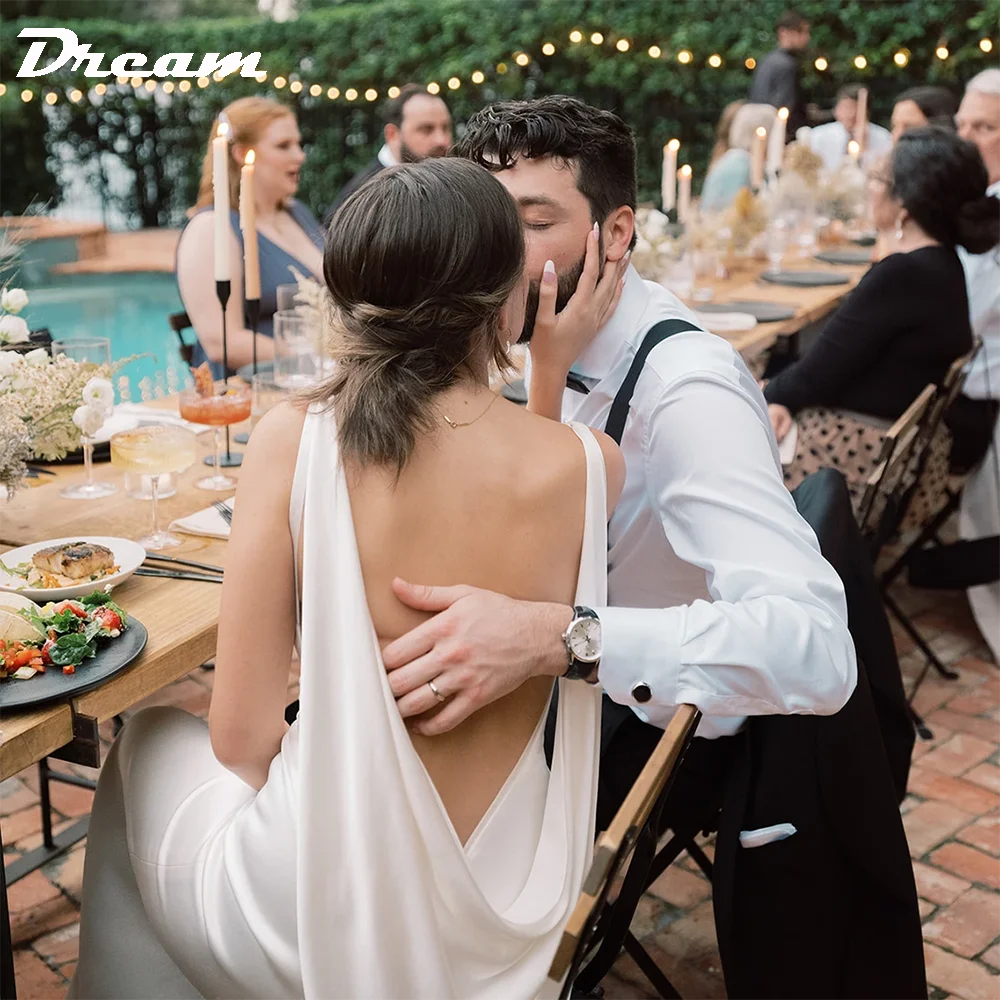 DREAM Open Back Draped Cowl Satin Sheath Wedding Dress Simple Square Neck Sleeveless Sweep Train Bridal Gown Custom Made