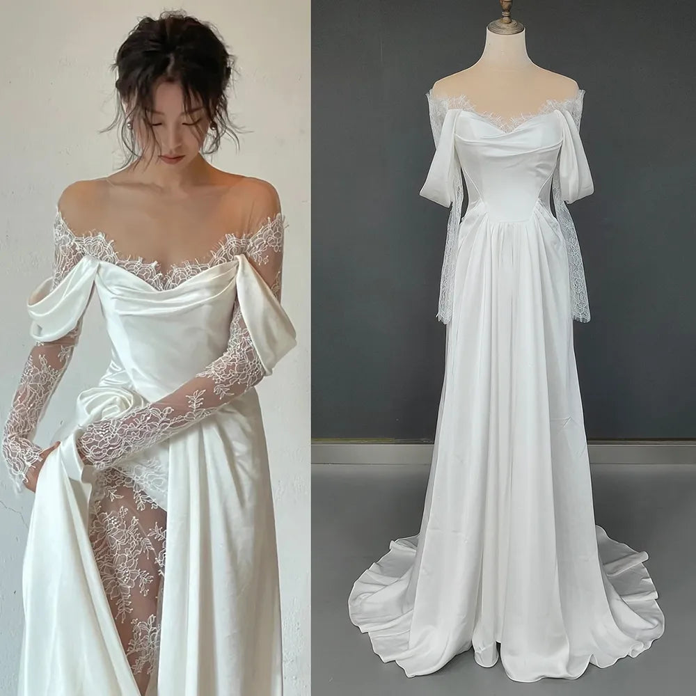 Illusion Tulle Off Shoulder Lace Wedding Gowns Big Size Custom Made A Line Long Sleeves Ruched Satin High Slit Bridal Dress