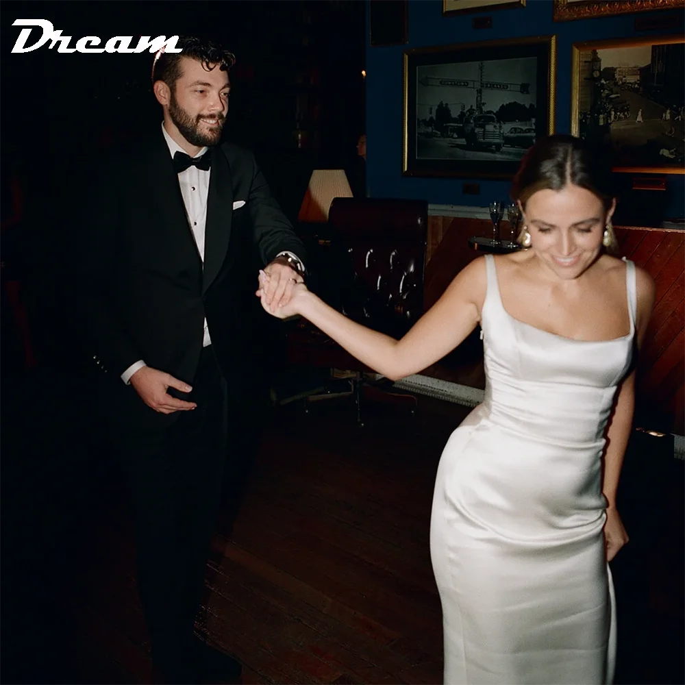 DREAM Open Back Draped Cowl Satin Sheath Wedding Dress Simple Square Neck Sleeveless Sweep Train Bridal Gown Custom Made