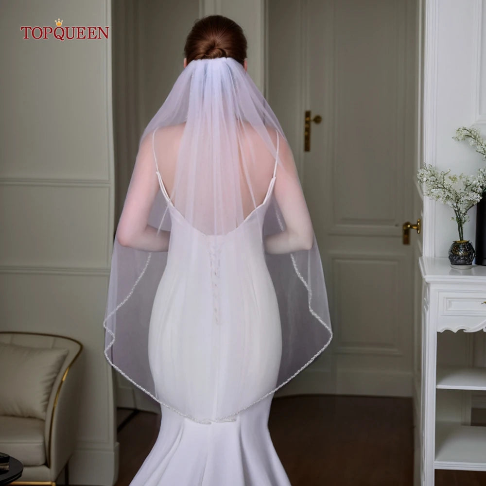 TOPQUEEN V156 Bridal Veils Wedding Crystal Organza Beaded Wedding Veil Short Soft Italian Tulle Veil Bohemian Chic Wedding
