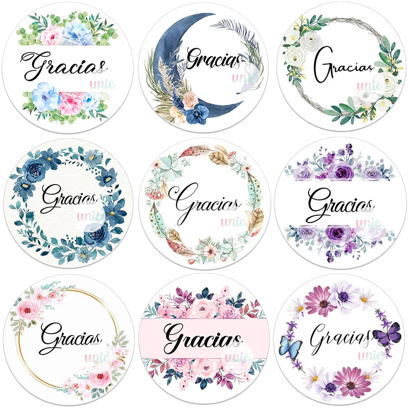 Gracias Español Thank You Floral Frame Sticker Self-adhesive Seal Label Party Christmas Wedding Thanksgiving Sticker Decoration
