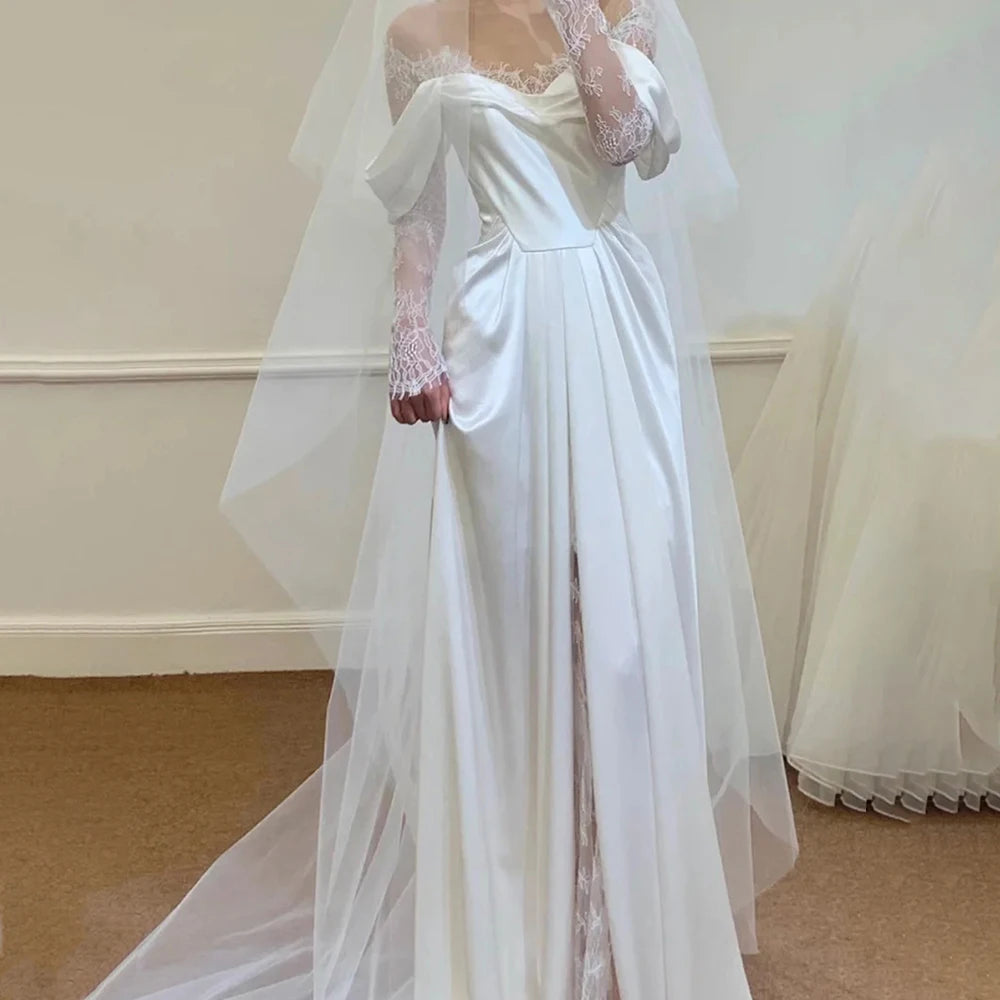 Illusion Tulle Off Shoulder Lace Wedding Gowns Big Size Custom Made A Line Long Sleeves Ruched Satin High Slit Bridal Dress