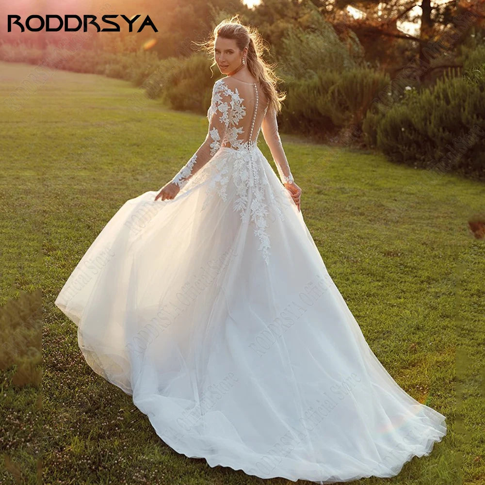 RODDRSYA Pastrol Wedding Dresses For Woman Long Sleeves Illusion Back Scoop Bride Gowns Applique A-Line Tulle vestidos de novia