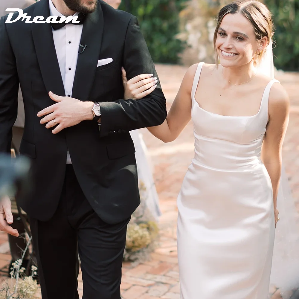 DREAM Open Back Draped Cowl Satin Sheath Wedding Dress Simple Square Neck Sleeveless Sweep Train Bridal Gown Custom Made