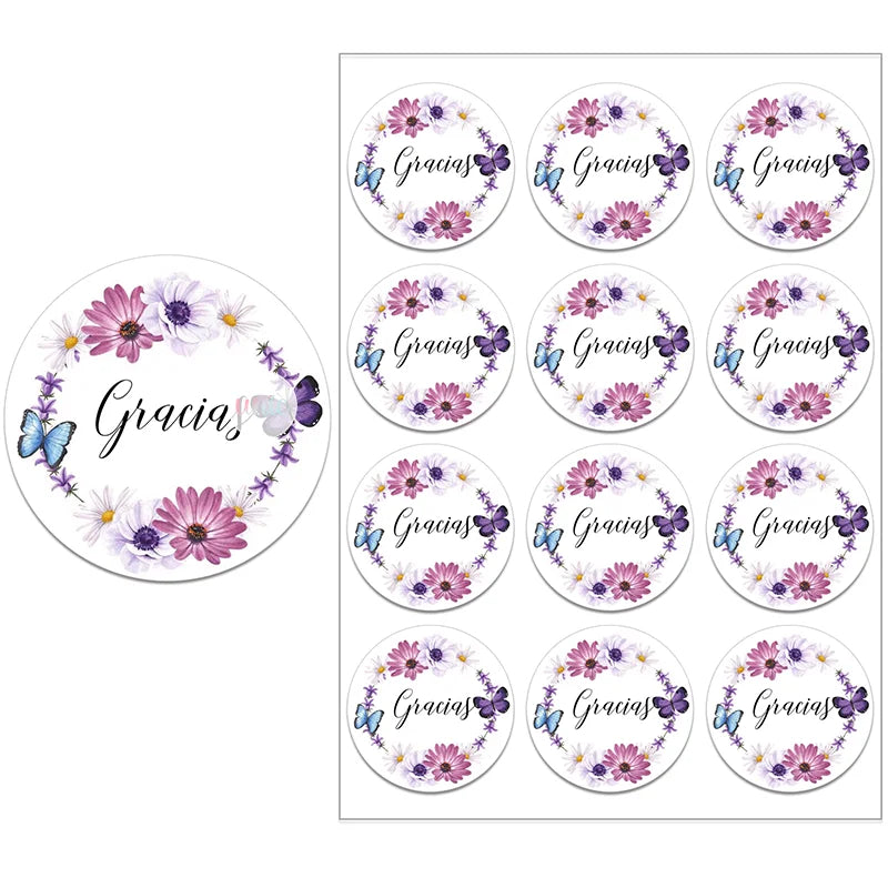 Gracias Español Thank You Floral Frame Sticker Self-adhesive Seal Label Party Christmas Wedding Thanksgiving Sticker Decoration