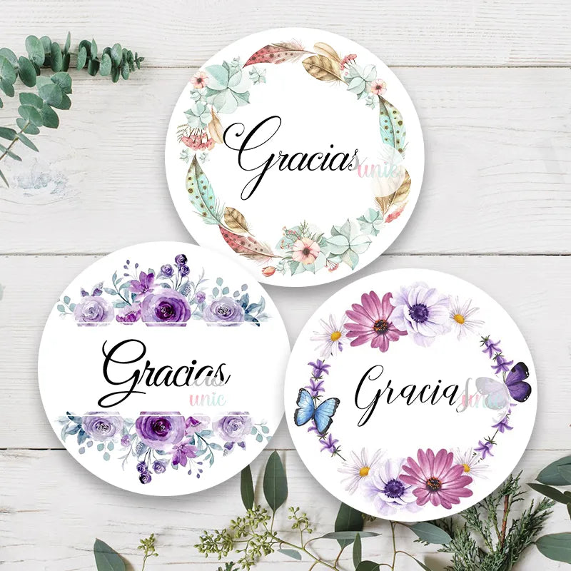 Gracias Español Thank You Floral Frame Sticker Self-adhesive Seal Label Party Christmas Wedding Thanksgiving Sticker Decoration