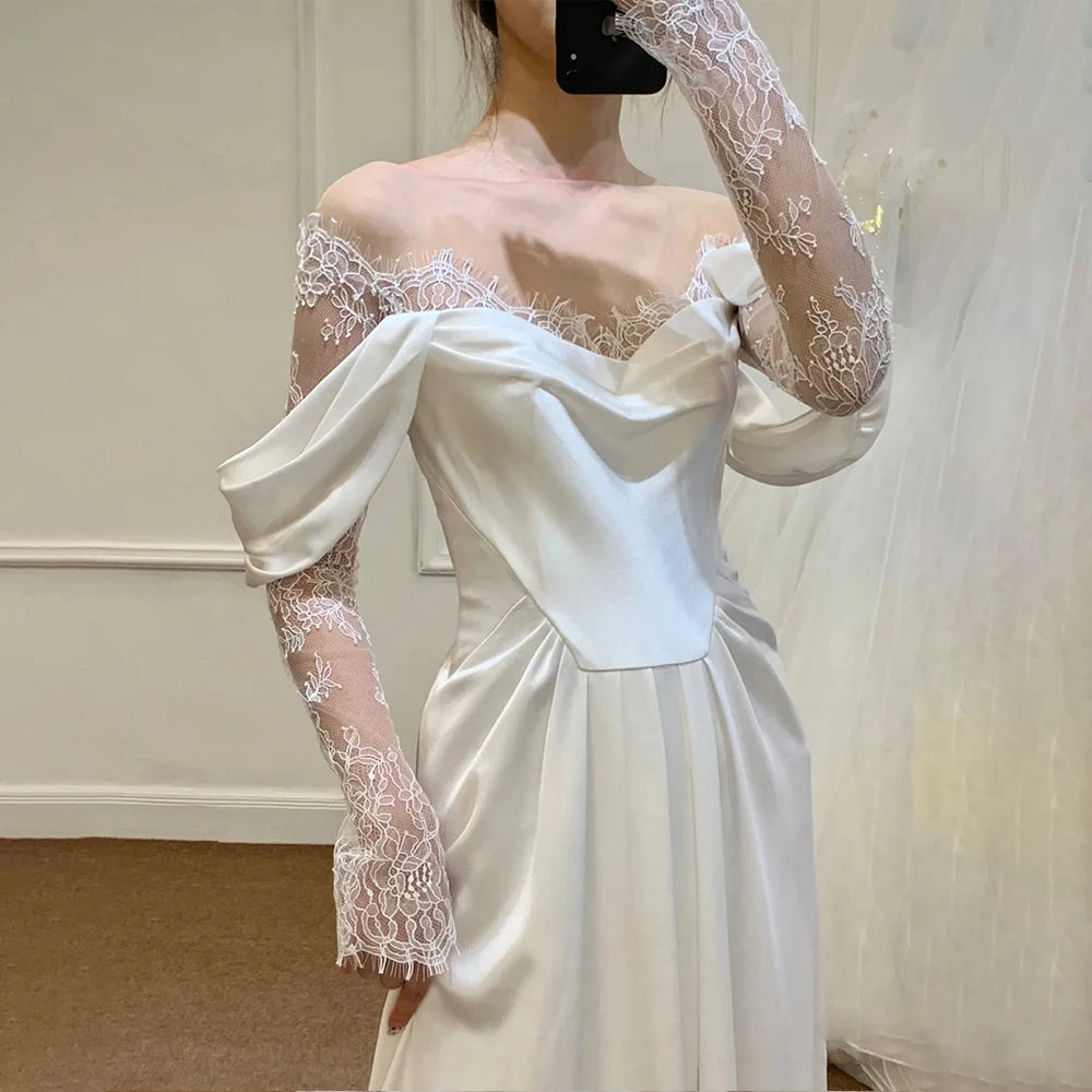Illusion Tulle Off Shoulder Lace Wedding Gowns Big Size Custom Made A Line Long Sleeves Ruched Satin High Slit Bridal Dress