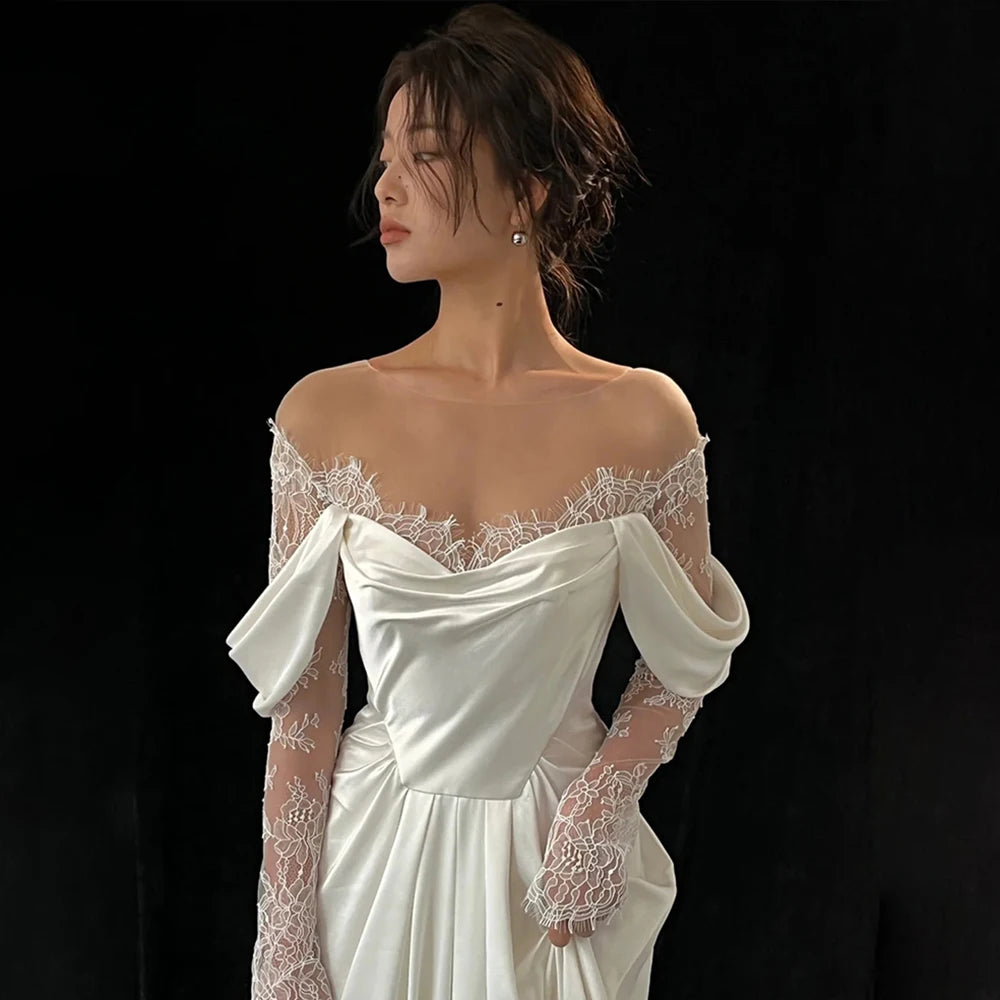 Illusion Tulle Off Shoulder Lace Wedding Gowns Big Size Custom Made A Line Long Sleeves Ruched Satin High Slit Bridal Dress