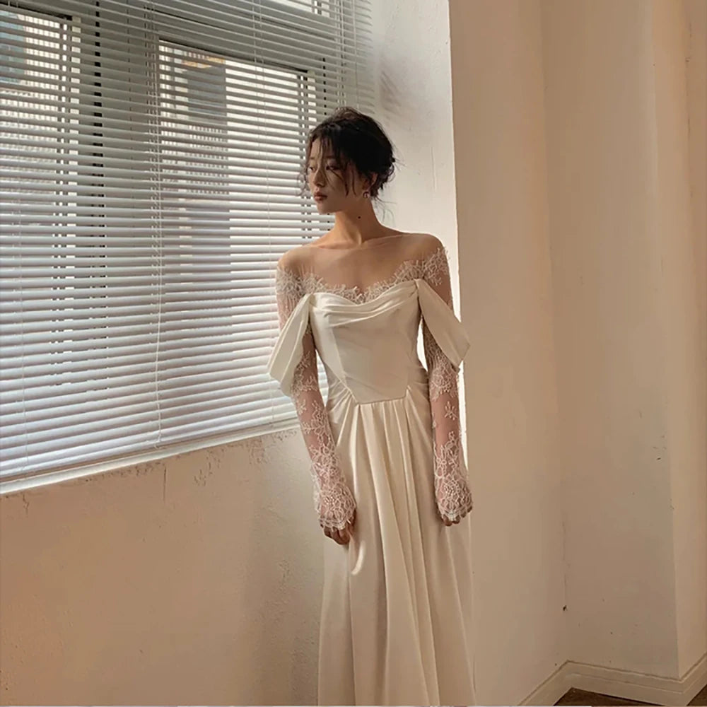 Illusion Tulle Off Shoulder Lace Wedding Gowns Big Size Custom Made A Line Long Sleeves Ruched Satin High Slit Bridal Dress