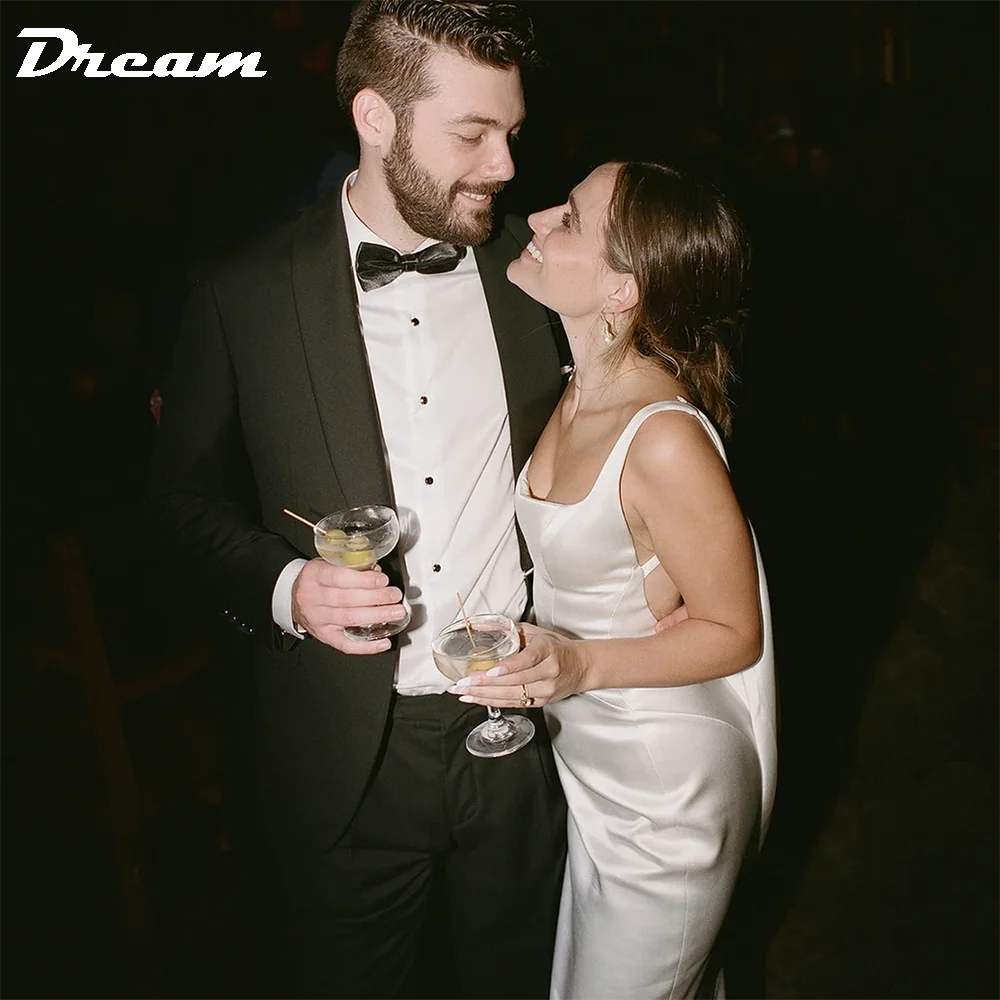 DREAM Open Back Draped Cowl Satin Sheath Wedding Dress Simple Square Neck Sleeveless Sweep Train Bridal Gown Custom Made