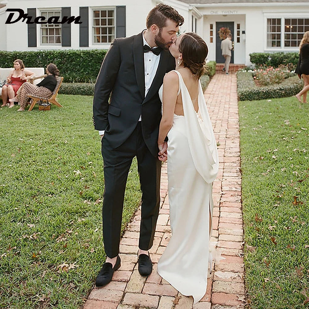 DREAM Open Back Draped Cowl Satin Sheath Wedding Dress Simple Square Neck Sleeveless Sweep Train Bridal Gown Custom Made