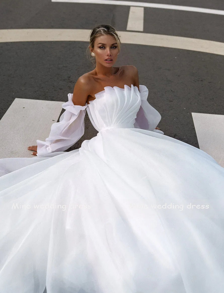 New Design  Boat Neck Detachable Puff Sleeve  Pleats A-Line Wedding Dresses Bridal Gowns Vestido De Noiva Custom Made