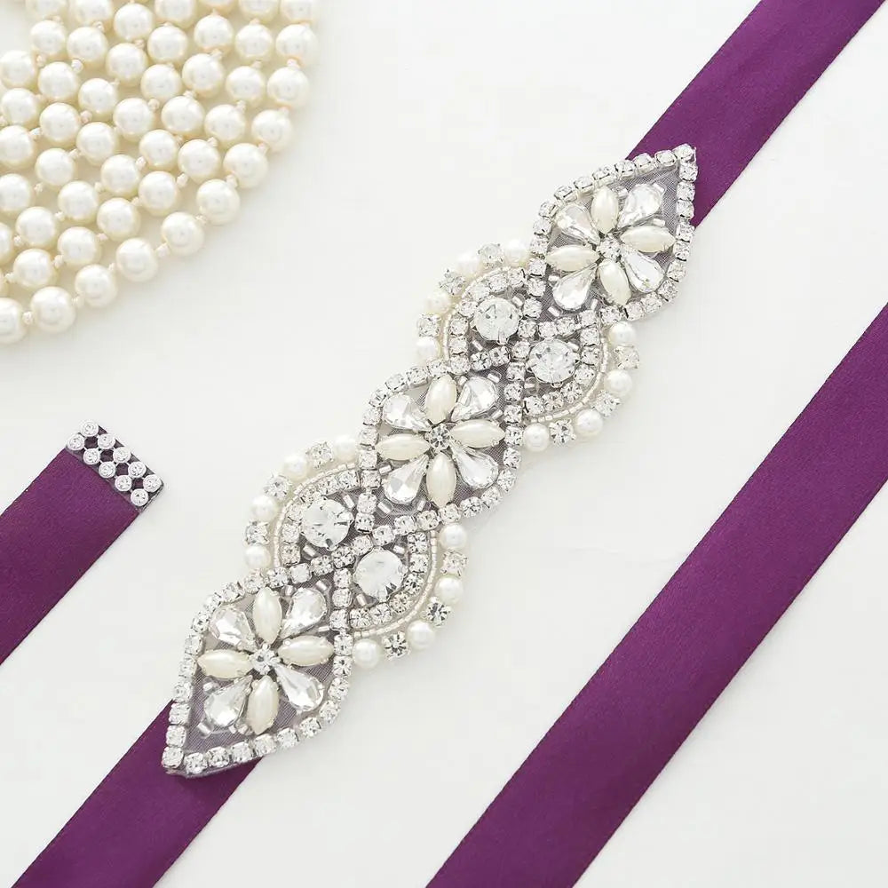 NZUK Handmade Simple Silver Rhinestones Bridal Belt Sash Pearls Wedding Belt Crystal Bridal Sash For Wedding Dresses